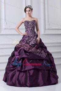 Cheap Eggplant Purple Sweetheart Embroidery and Pick-ups Quinceanera Dress