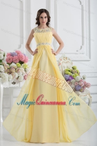Empire Scoop Beading Ruching Light Yellow Dresses for Dama