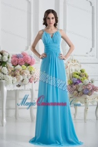 Empire Straps Ruching Baby Blue Floor-length Chiffon Dama Dresses