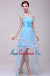 Light Blue One Shoulder High-low Beaded Decorate Dresses for Dama for Girls