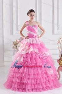 Pretty Rose Pink Princess One Shoulder Beading Quinceanera Dress with Ruffled Layers