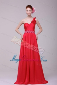 Red One Shoulder Beading and Flowers Brush Train Dama Dress for Quinceanera