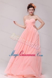 Sweetheart Ruche Chiffon Empire Peach Dresses for Dama with Brush Train
