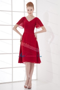 Wine Red Empire Ruching V-neck Short Sleeves Dresses for Dama