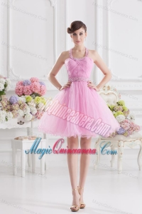 A-line Halter Top Pink Dresses for Dama with Ruching and Beading