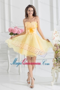 A-line Yellow Strapless Hand Made Flower Organza Dama Dresses