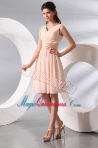 Empire V-neck Champagne Hand Made Flower and Ruching Short Dresses for Dama