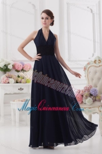 Navy Blue Halter top Long Dresses for Dama with Ruching and Lace