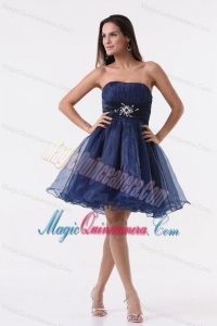 A-line Strapless Navy Blue Beading Ruching Organza Dresses for Dama