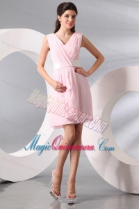 Column Baby Pink V-neck Chiffon Short Dresses for Dama