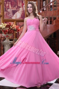 Empire Rose Pink One Shoulder Beading and Ruching ChiffDama Dress for Quinceanera