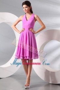 Lilac Halter Top Ruching Knee-length Chiffon Dama Dress for Quinceanera
