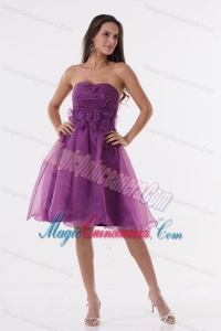 A-line Purple Strapless Appliques Organza Knee-length Dama Dress for Quinceanera