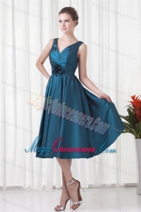 A-line V-neck Teal Taffeta Ruching Knee-length Dresses for Dama