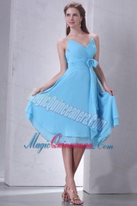 Aqua Blue A-line Spaghetti Straps Knee-length Dama Dresses with Sash