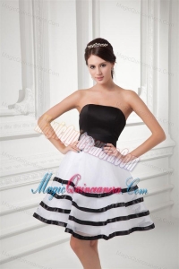 White and Black A-line Strapless Mini-length Organza Dama Dress for Quinceanera with Ruffled Layers