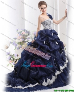 2015 One Shoulder Ruffles Quinceanera Dresses with Hand Made Flowers and Pick Ups