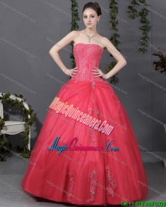 Coral Red Strapless Sweet 16 Dress with Ruching and Appliques