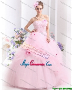 Fashionable Baby Pink Sweet Sixteen Dresses with Hand Made Flowers