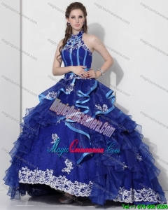 Halter Top Appliques Royal Blue 2015 Quinceanera Dresses with Ruffles and Brush Train