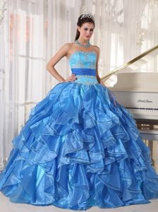 Appliqued Blue Dresses of 15 with Puffy Ruffles and Sash on Sale