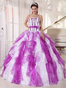 Lavender and White Dresses of 15 with Appliques and Puffy Ruffles