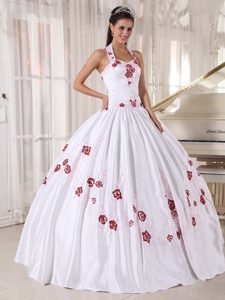 White Halter Taffeta Dresses of 15 with Wine Red Embroidery 2013