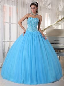 Beaded Bodice Sweetheart Sky Blue Tulle Dresses of 15 in Arecibo