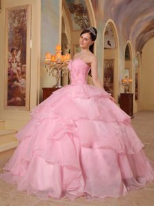 Beading Flowers Ruffles Organza Dresses Quinceanera in Rose Pink