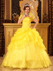 Appliqued and Ruffled Organza Dress Quinceanera in Bright Yellow