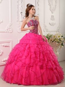 Beaded Bodice Hot Pink Dresses for Quinceaneras with Frilly Ruffles