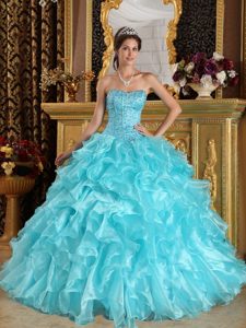 Beaded Bodice Ruffled Ball Gown Dresses for 15 in Aqua Blue 2015