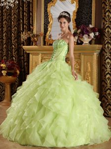 Yellow Green Strapless Dresses for 15 with Ruffles Beads in Anasco