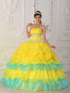 Appliqued and Ruffled Dress for A Quince in Mint and Bright Yellow