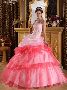 Pick and Watermelon One Shoulder Dresses for A Quince Appliques