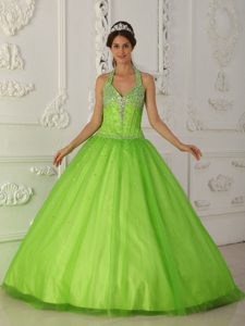 Spring Green Halter Sweet Sixteen Quinceanera Dresses Appliques