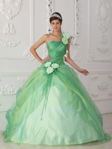 Flowery One Shoulder Ruched Sweet Sixteen Dresses in Apple Green