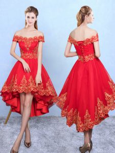 Sexy Wine Red Tulle Lace Up Off The Shoulder Sleeveless High Low Quinceanera Dama Dress Appliques