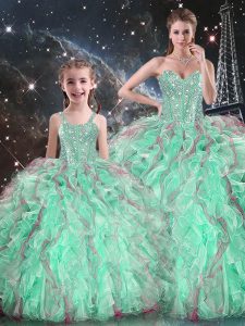 Floor Length Lace Up Quinceanera Dress Turquoise for Military Ball and Sweet 16 and Quinceanera with Beading and Ruffles