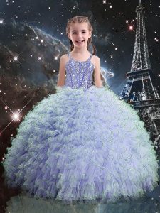 Best Sleeveless Floor Length Beading and Ruffles Lace Up Pageant Dress for Teens with Light Blue