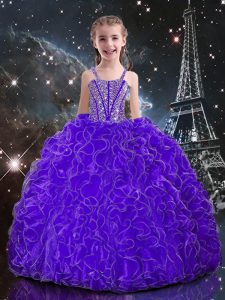 Eye-catching Straps Sleeveless Pageant Dress for Girls Floor Length Beading and Ruffles Eggplant Purple Organza