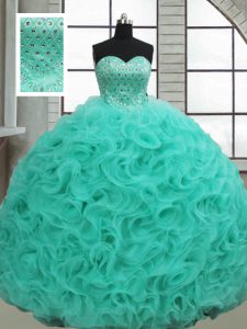 Turquoise Fabric With Rolling Flowers Lace Up Sweetheart Sleeveless Sweet 16 Quinceanera Dress Brush Train Beading