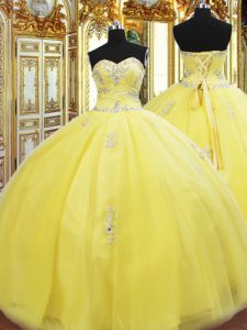 Gold Tulle Lace Up Quinceanera Dress Sleeveless Floor Length Beading and Appliques