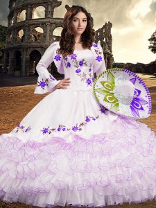 Square Long Sleeves Vestidos de Quinceanera Floor Length Embroidery and Ruffled Layers White Organza