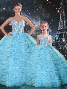 Best Selling Tulle Sweetheart Sleeveless Lace Up Beading and Ruffles Sweet 16 Dress in Light Blue