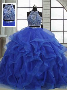 Wonderful Ball Gowns Quinceanera Gown Royal Blue Halter Top Organza Sleeveless Floor Length Lace Up