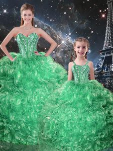 Modern Sleeveless Floor Length Beading and Ruffles Lace Up Quinceanera Dress with Green