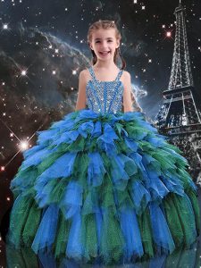 Fashion Tulle Straps Sleeveless Lace Up Beading and Ruffles Pageant Dress for Teens in Blue