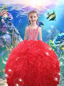 Coral Red Organza Lace Up Straps Sleeveless Floor Length Kids Formal Wear Beading and Ruffles