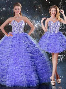 Sleeveless Floor Length Embroidery Lace Up Sweet 16 Dress with Purple
